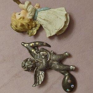 Two Vintage Angel Brooches Cherub with Harp AB Rhinestones Precious Moments PMI